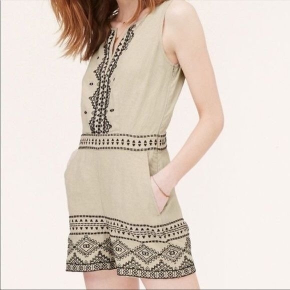 Ann Taylor LOFT | 100% Linen Embroidered Sleeveless Beige Romper | Size 00 XXS - Picture 1 of 15